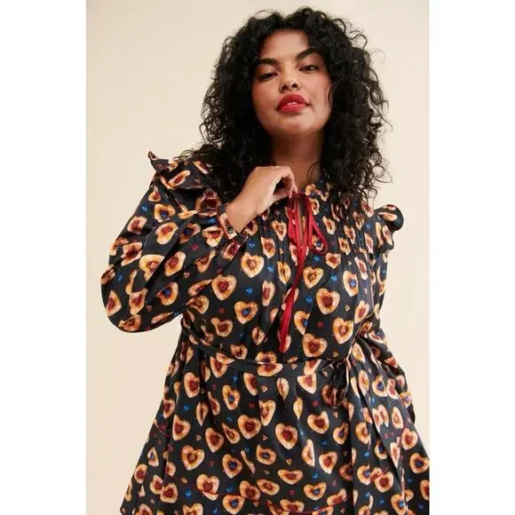 Rachel Antonoff Long Sleeve Mini Laura Dress 100% Cotton Heart Cookies Tie Neck - Picture 6 of 12